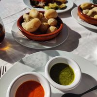 Canary potatoes with Mojo Rosso and mojo verde at Restaurant El Diablo in Lanzarote