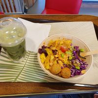 Medium Tel Aviv salad bowl with matcha latte iced. at The Fresh Factory in Nijmegen