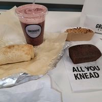 Vegan Breakfast Burrito, Zucchini Bread and Triple Fruit. at Gregorys Coffee in Brooklyn