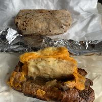 Vegan burrito on top, vegan deluxe on bottom (daughter made a bit of a mess of it before I could take a photo!)  at Gregorys Coffee in Brooklyn