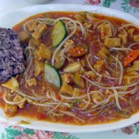 Tofu and veggies in tomato sauce, very filling at Loving Hut Thien Dang in Seoul