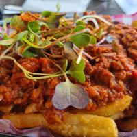 Loaded chips with soy mince at Tathra Hotel in Tathra