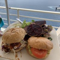 BBQ jackfruit and chickpea salad sliders, sweet potato chips, potato salad, leafy salad  at Fair Wind in Kailua Kona