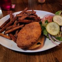 Vegan Fried Chicken Sandwich with sweet potato fries #Veganuary at Lucky's Taproom and Eatery in Dayton