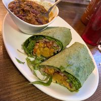 Buffalo chickpea wrap (special) and vegan chili  at Lucky's Taproom and Eatery in Dayton