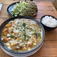 Nepali curry (served with rice) and a filled mung bean omelette. Delicious    at Earthlings in Newcastle Upon Tyne