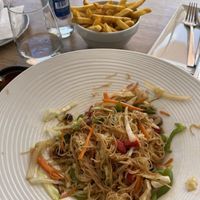 Noodles with veggies, chips  at Slow Boat in Tenerife