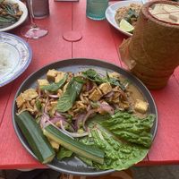 Laab Het with sticky rice (in brown basket)   at ThaiPop in Rochester