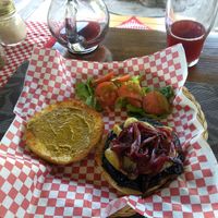 Vegan burger with caramelized onion and little side salad at Del Huerto in Cuernavaca