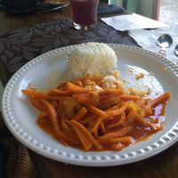 Tinga de zanahoria (a veganized carrot dish) with white rice at Del Huerto in Cuernavaca