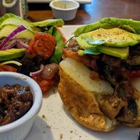 Jacket potato with roast vegetables, avocado, onion chutney at Blueberries in Clitheroe