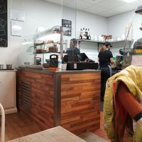 Counter with cakes at Pretzels Delicatessen in Loughborough