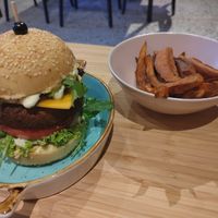 Burger and sweet potato fries at Rai Urban Vege in Belgrade
