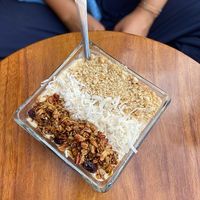 Banana and peanut smoothie bowl at Dulce Tierra in Oaxaca