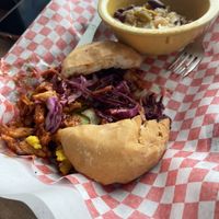 Barbaque sandwich with side of beans and rice (the beans and rice are very flavorful)  at Frenchmen Street Food in Gainesville