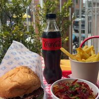 Vegan burger, vegan Mac and cheese and fries.   at Stankov - Chapinero in Bogota