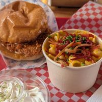 Fried chikin burger with a side of mac n cheese at Stankov - Chapinero in Bogota