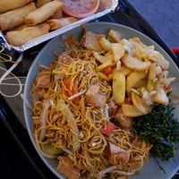 Tofu Noodles, salt and pepper chips, seaweed and vegetable spring rolls at Panda Mama in Sale