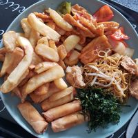 Salt and pepper chips, garlic and chilli tofu, mock chicken noodles, seaweed  and vegetable spring rolls at Panda Mama in Sale