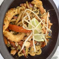 Udon noodles with vegan scampi   at Copenhagen in Valencia