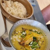 Green curry of Heura chicken, broccoli, pumpkin and zucchini with coconut milk at Copenhagen in Valencia