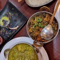 Saag Paneer and Okra Masala with white rice at Tandoori Express in Oakhurst