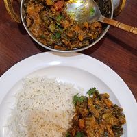 Okra Masala and white rice at Tandoori Express in Oakhurst