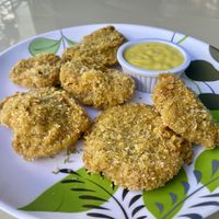 "Wings of Fire" chicken wings made from oyster mushrooms.  Choose the vegan honey mustard sauce, delicious!  at Sokko Happy Food in Heredia