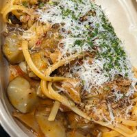 This Seafood Pasta is my favorite! The sauce reminds me of manhattan chowder with a spicy kick. It’s topped with trumpet mushrooms and sunchokes  at Gladys  in Edgewater