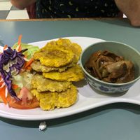 Vegan pepper steak, plantains, and salad at Eileens Kitchen  in San Juan