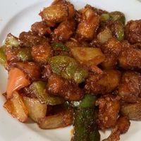 Baby corn, capsicum, onion cooked in nice sauce (sorry not too familiar with Indian cuisine so I don't remember what this dish is properly called). Portion quite large as well at Chaat Corner in San Francisco