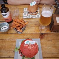 2 delicious vegan burgers with sweet potatoes chips! at Atabalats in Barcelona