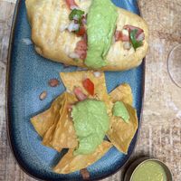 vegan grilled veggies and chili tofu chimichanga + chips and guacamole   at Arriba Burrito in Montreal