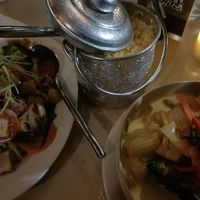 Green curry, ginger & shallot stir fry & coconut rice at Yim Thai in Middle Park