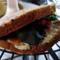 Sandwich with hummus, salad (May 2025) at The Running Fox in Alnwick