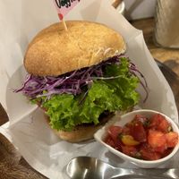 The burger, patty not shown although was very hearty and delicious  at Vegginy in Kyoto