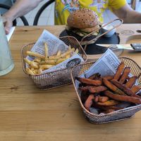 Normal and sweet potato fries and black bean burger at Flavours Spot in Setubal