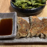 Very delicious vegan dumplings with edamame in the background.  at Gaijin Ramen in Aarhus