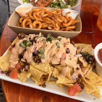 Twister Nachos and Curly Fries! (The dipping sauce for the fries is Vegetarian but I had ketchup instead)   at Denali Brew Pub in Talkeetna