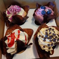 Cupcakes (w/ a slice cut out of each). Vanilla berry, vanilla blueberry, chocolate raspberry, chocolate peanut butter. Vegan and I think also gf. at Evexia in Aurora