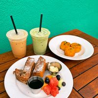 Plain hashcakes, french toast sticks, matcha and salted caramel latte.  at Beach'n SF in San Francisco