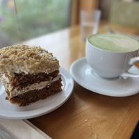 Carrot cake and special matcha tea latte 🍵   at Beach'n SF in San Francisco