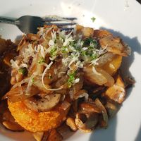 Mushroom and onion hash cakes at Beach'n SF in San Francisco