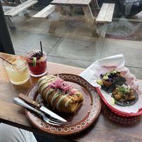 chimichanga, spicy + jamaica margs, cauliflower fish taco and soy chicharron tacos   at Mis Tacones in Portland