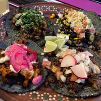 four kinds of taco (carne asada, al pastor, pollo, veggie) at Mis Tacones in Portland