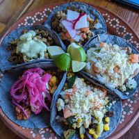 Plate of tacos (one of each type on the menu) at Mis Tacones in Portland