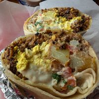 Inside of breakfast burrito at Mis Tacones in Portland