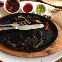 should have showed the before, A great vegan sizzling wrap platter at Queen's Head in Burley