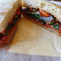 Focaccia sandwich with grilled vegetables and homemade pesto rosso at Focacceria in Amsterdam