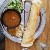 Potato dosa,  dahl and chutneys. at Dosa Dosa in Prague